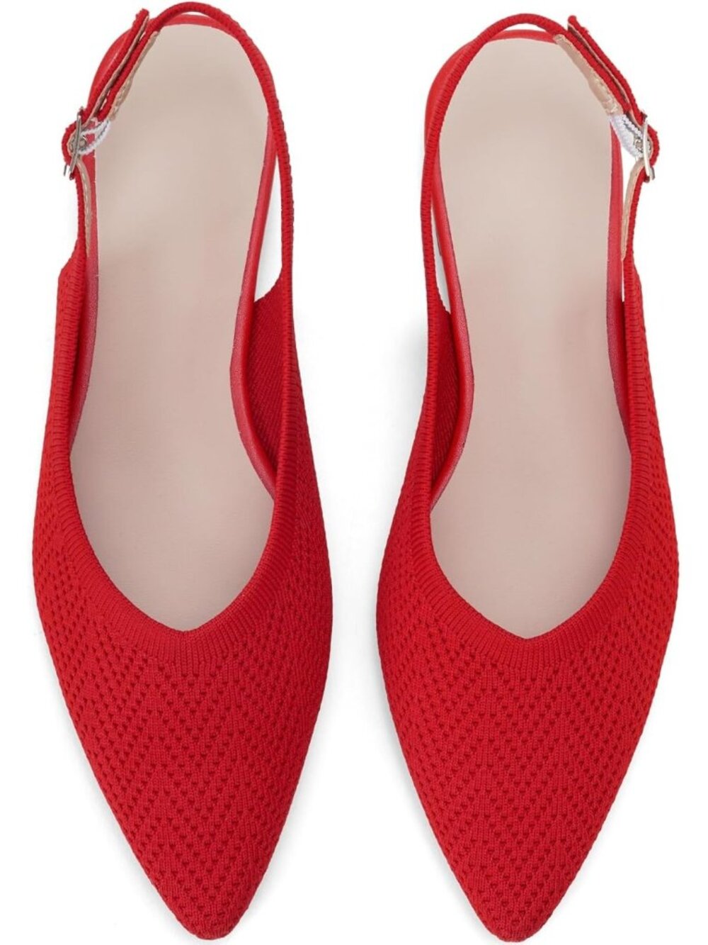 Women's Red Knit Ballet Flats Pointed Toe Buckle Strap Slip On Party Dress Shoes - Picture 4 of 6